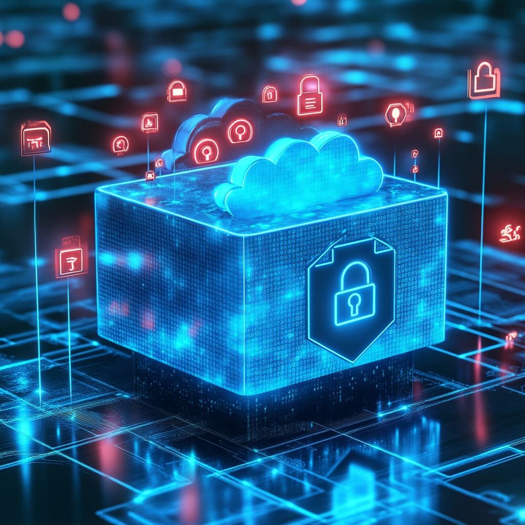 A glowing blue 'Immutable Backup' vault floating in a digital void, with a padlock shield deflecting ransomware (red skull icons). Cloud storage symbols and 'Disaster Recovery' text in the background
