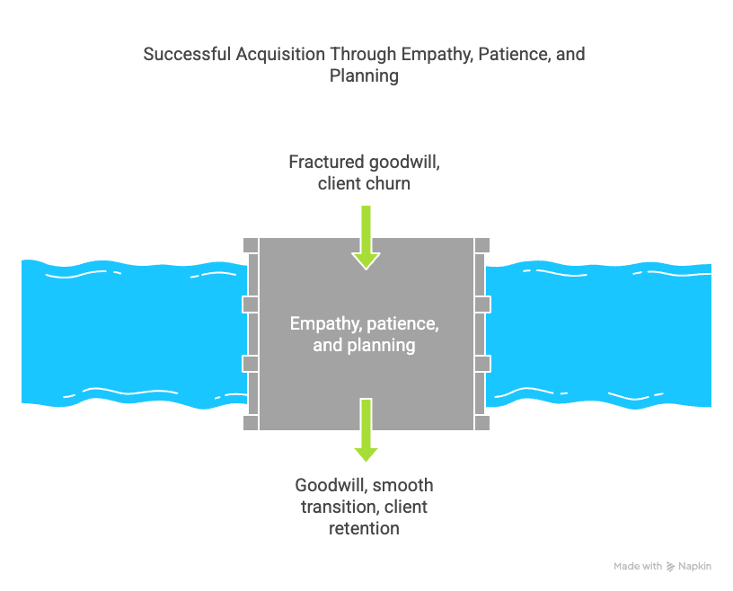 A visual metaphor showing a narrow canal with flowing blue water entering and exiting a gray lock labeled "Empathy, patience, and planning." The top of the lock shows a green arrow pointing downward labeled “Fractured goodwill, client churn.” The bottom shows another green arrow pointing downward labeled “Goodwill, smooth transition, client retention.” The image is titled “Successful Acquisition Through Empathy, Patience, and Planning,” illustrating how thoughtful planning facilitates a smoother transition in advisor acquisitions.