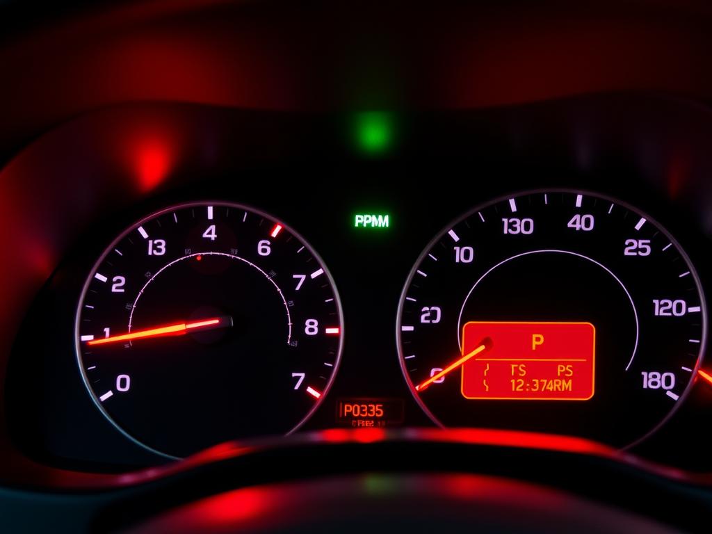 Car dashboard showing check engine light and other warning indicators related to P0335 circuit malfunction