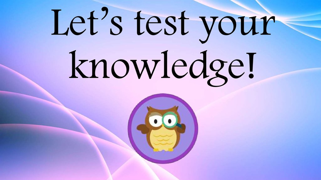 Attractive, multicolor Title Slide with the text "Let's test your knowledge! and a wise owl image. 