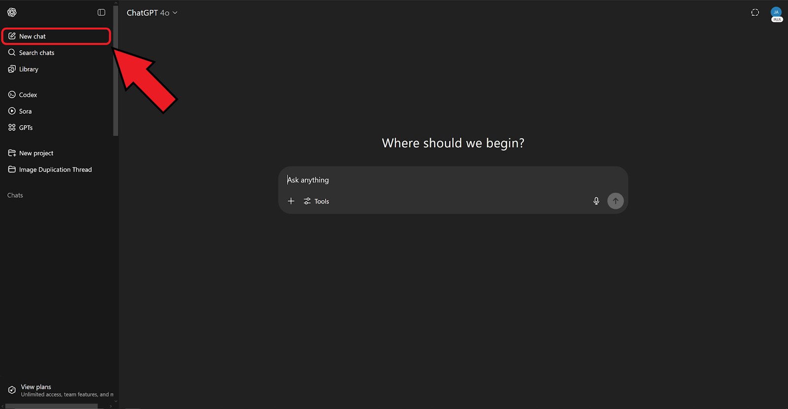 Guide showing how to start a new ChatGPT chat to avoid errors and repeat image generations. 