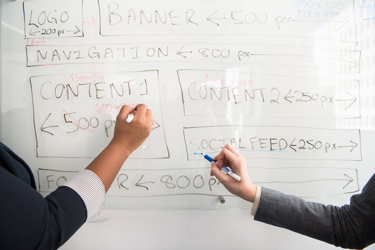 Two individuals collaborating and writing ideas on a whiteboard