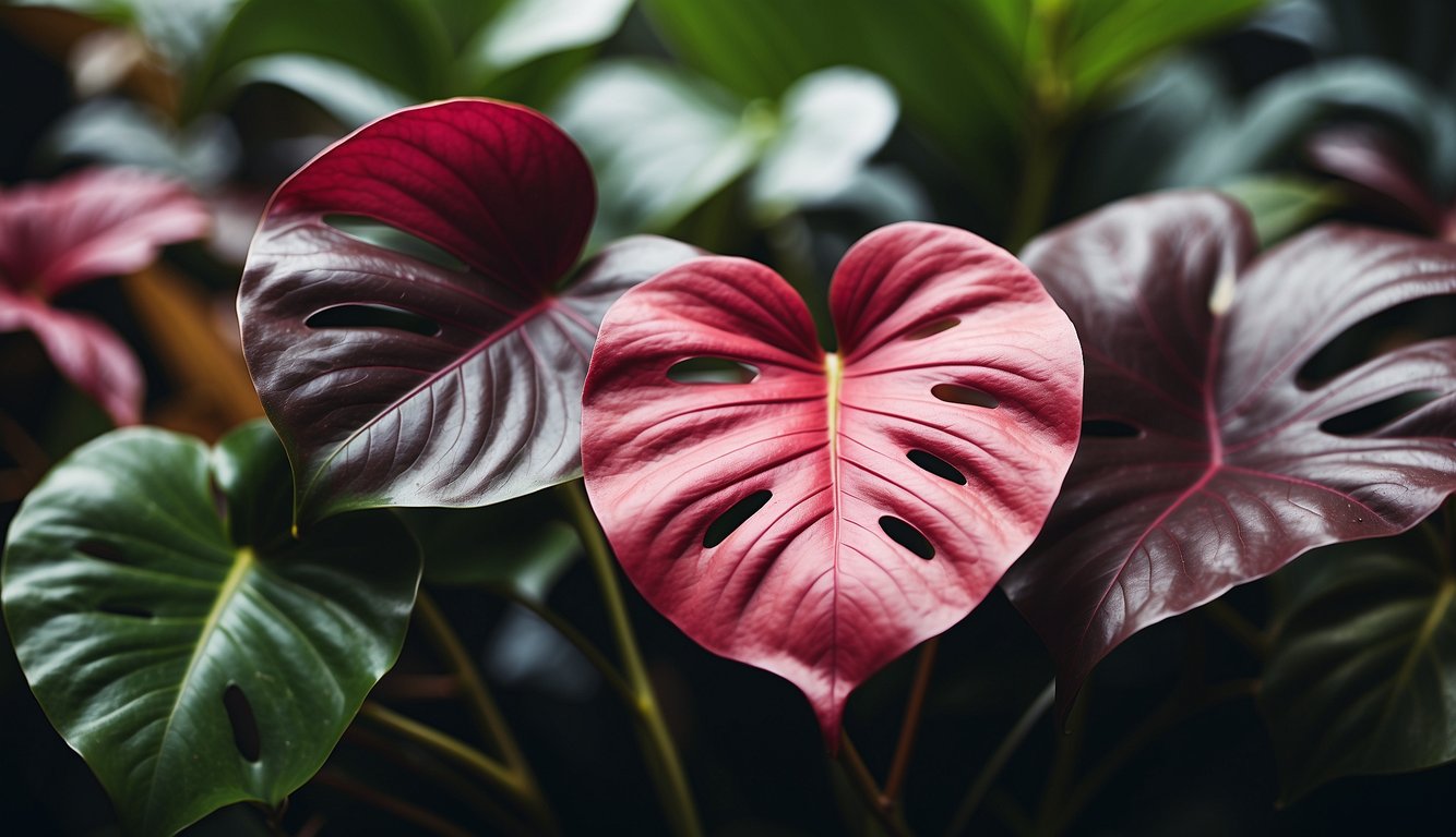 Philodendron Burgundy Princess and Pink Princess side by side, showcasing their contrasting leaf colors and patterns