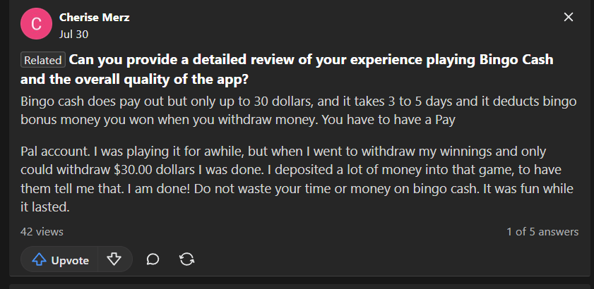 Quora Bingo Cash avis