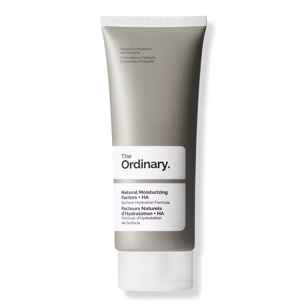 The Ordinary Natural Moisturizing Factors + Hyaluronic Acid Daily Moisturizer in a minimalist tube, cruelty-free, lightweight, and designed to enhance skin hydration and barrier function.