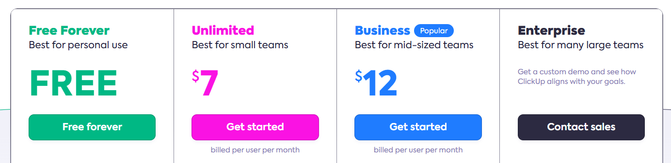 A snapshot of Clickup pricing.