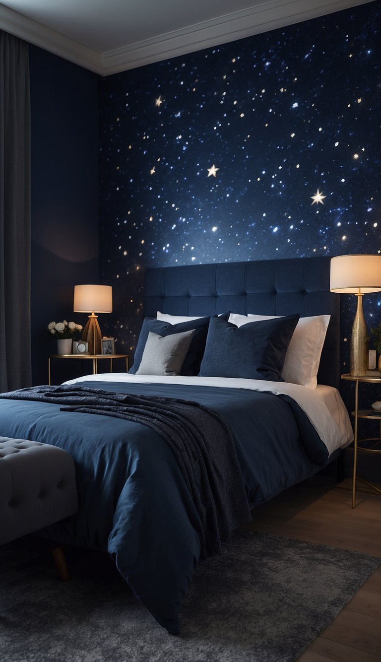 A dark blue bedroom with galaxy wallpaper, twinkling stars, and a serene atmosphere