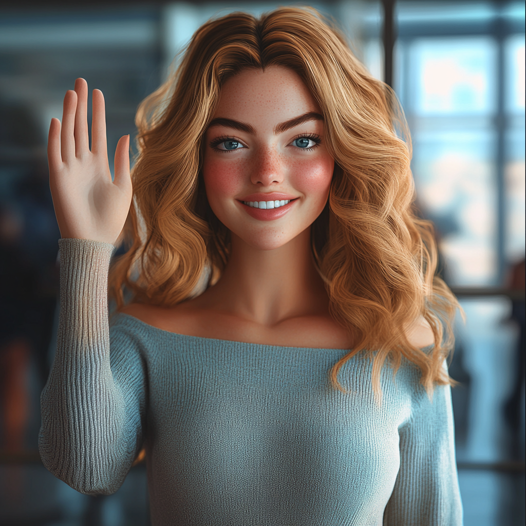 A young woman in an airport waving her hand | Source: Midjourney