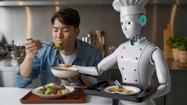 Robot assistant helping prepare a healthy meal in the kitchen.