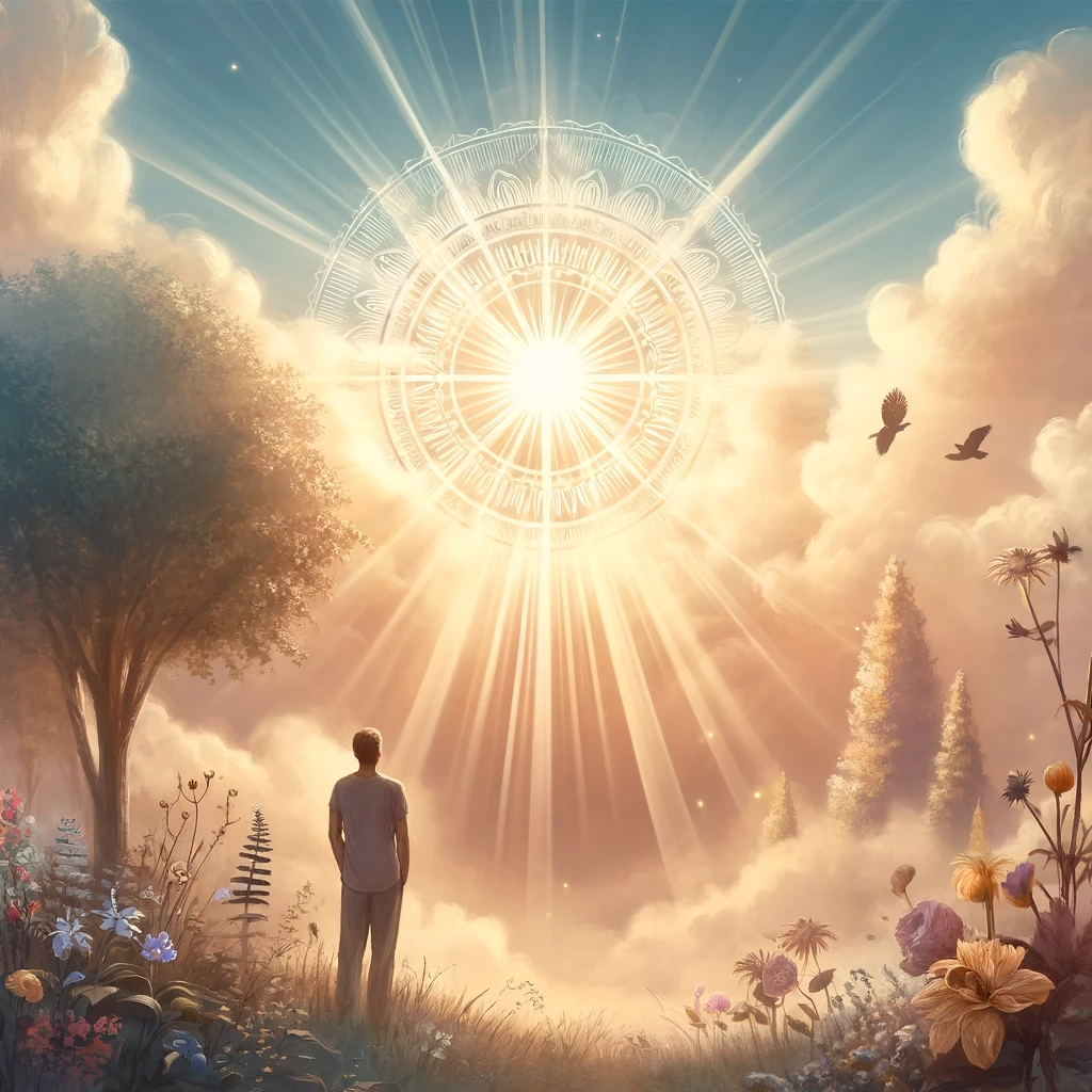  A peaceful morning scene with a person standing in quiet contemplation. Sunlight breaks through soft clouds, symbolizing clarity and positivity. Surrounding the figure are symbols of growth and gratitude, including blooming flowers and birds soaring in the sky. The calm landscape with trees and a serene horizon represents the balance and peace gained through daily gratitude affirmations. The image evokes a sense of personal growth, positivity, and mindset transformation.