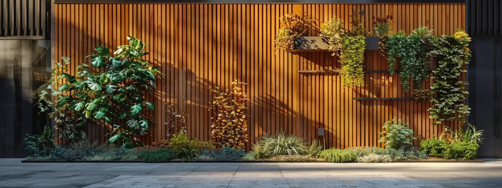Modern garden wall with vertical wooden slats, adorned with various green plants and decorative foliage, enhancing outdoor aesthetics for garden fencing projects.