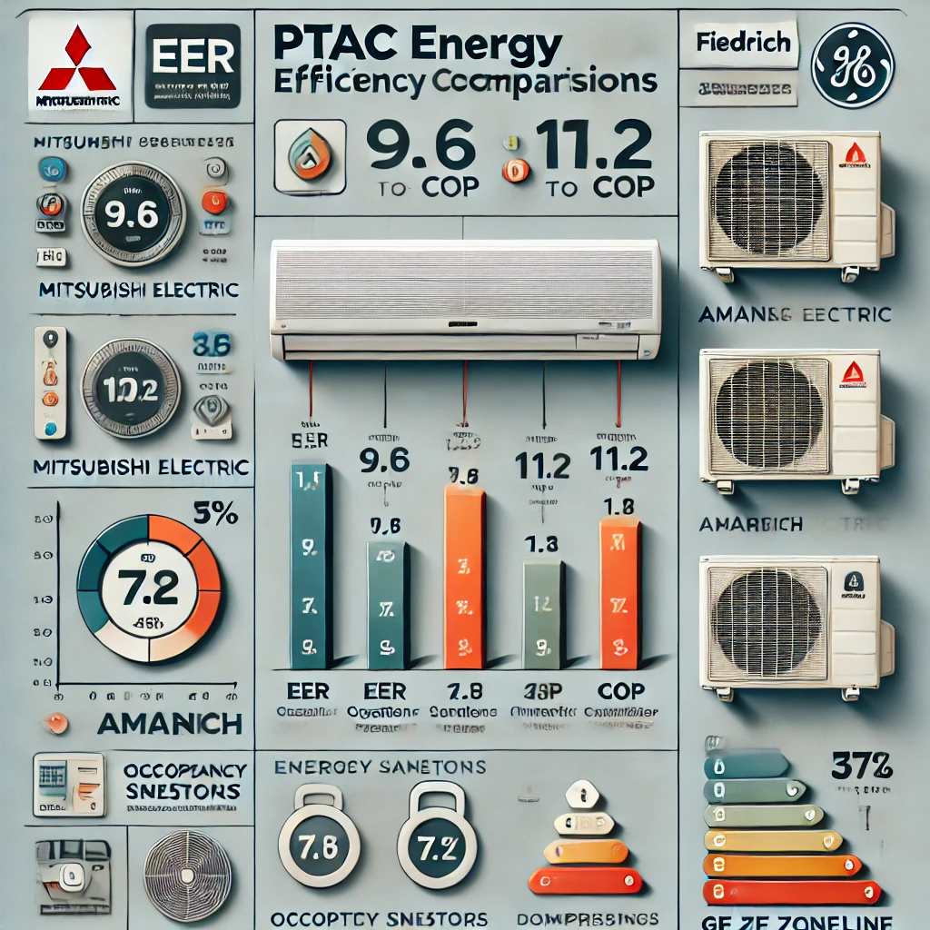 Infographic comparing energy ratings of PTAC units with EER and COP values from major brands like Amana, Friedrich, Mitsubishi Electric, and GE Zoneline