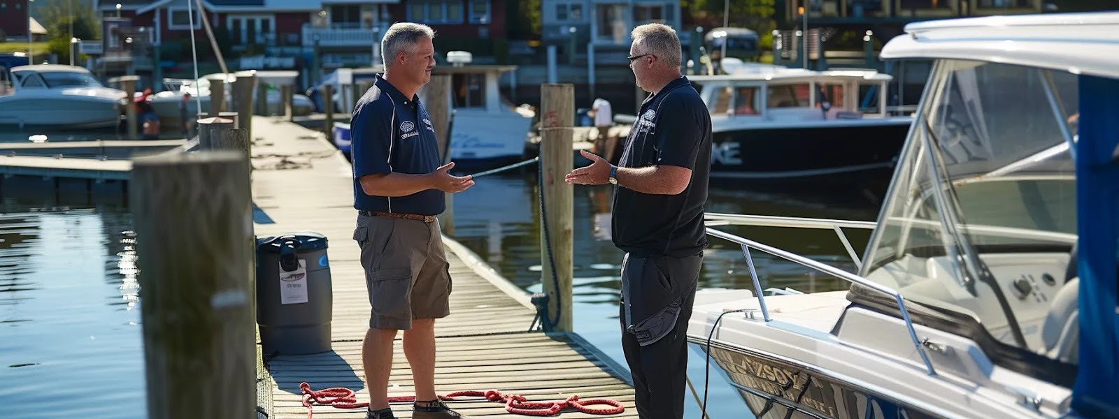 a boat owner confidently discussing pricing terms with interested buyers on a sunny dock.