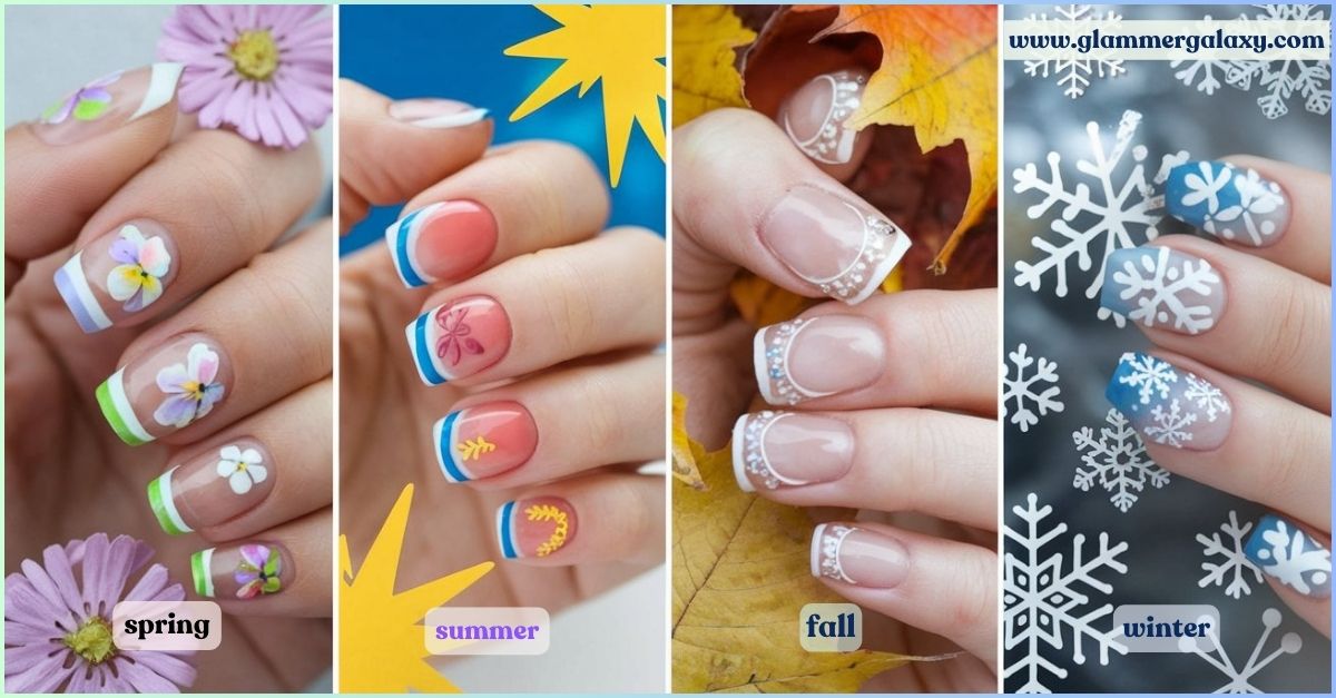 Four images of French tip nails, each representing a different season with thematic decorations.