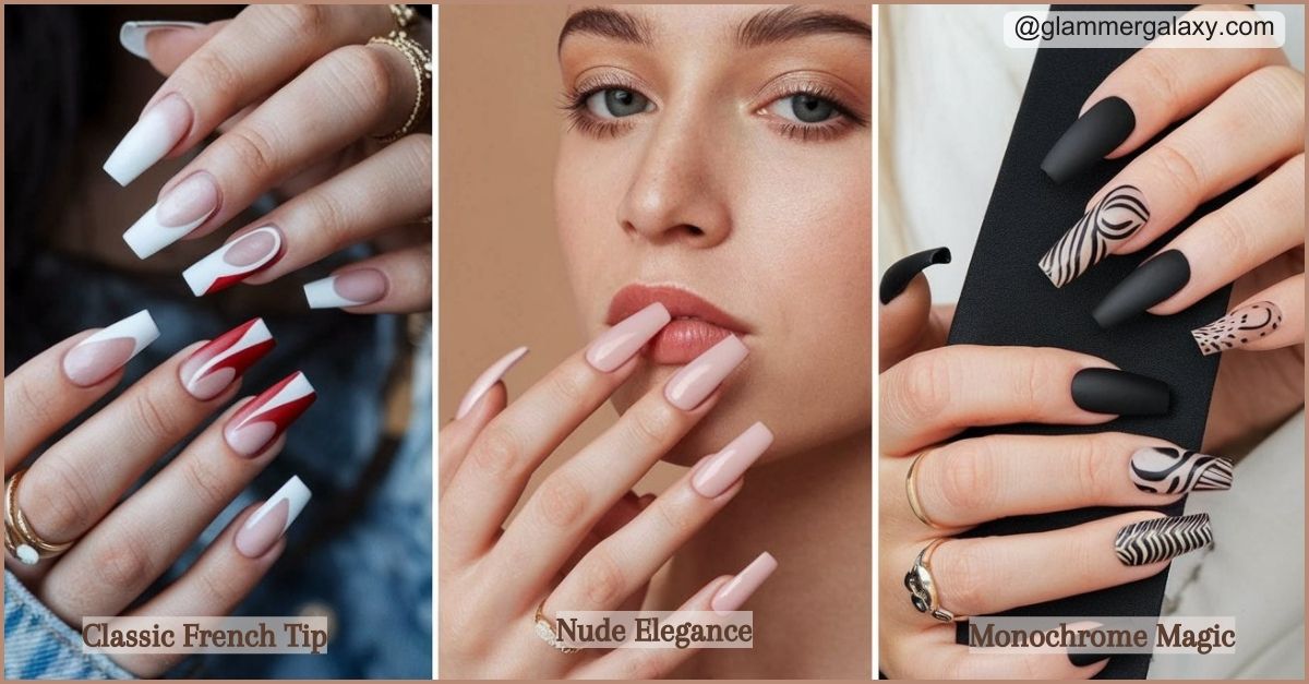 Three images of hands with styled nails; classic French tip, nude elegance, and monochrome magic designs.