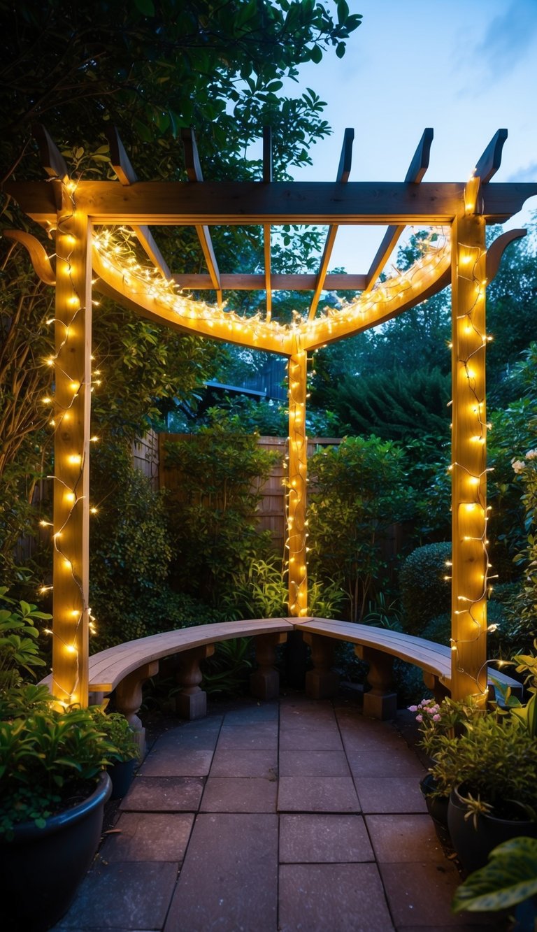 A pergola adorned with fairy lights stands in a lush corner garden, creating a magical and enchanting atmosphere