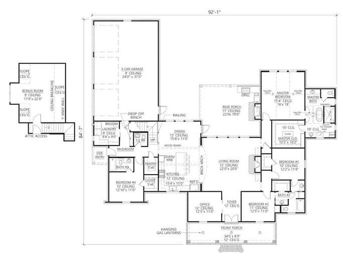 Entire floor plan of a single-story 4-bedroom Acadian home with front and rear porches, foyer, living room, kitchen, dining area, office, laundry room, and a bonus room above the 3-car garage.
