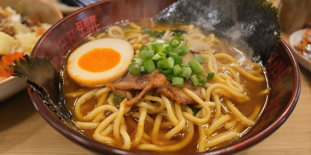 Delicious bowl of ramen with colorful toppings.