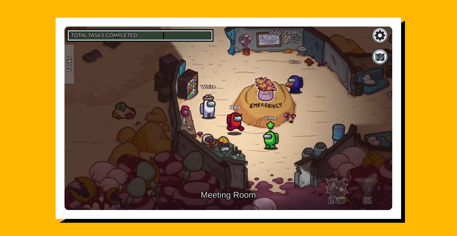 Screenshot of Among Us gameplay with a stylized yellow border