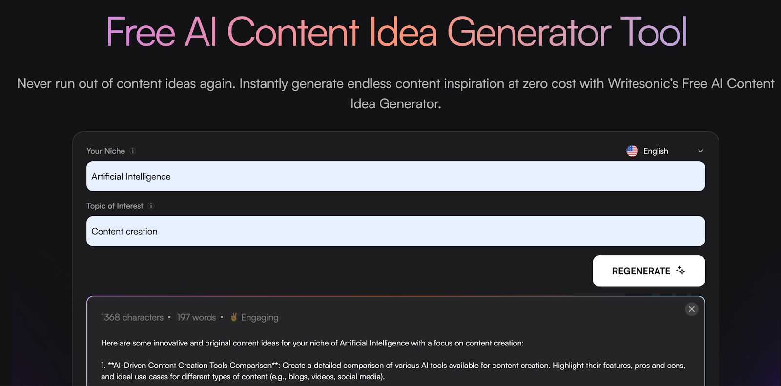 Writesonic's AI content idea generator tool. 