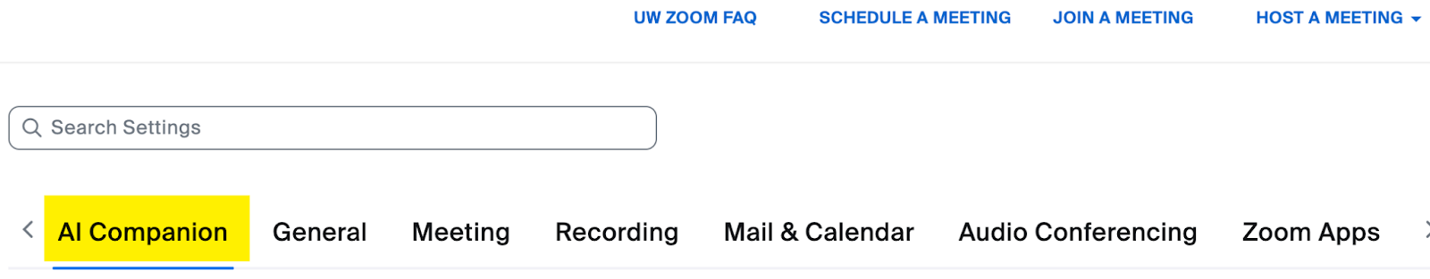 Screenshot of UW Zoom Portal Settings page, with AI Companion tab highlighted