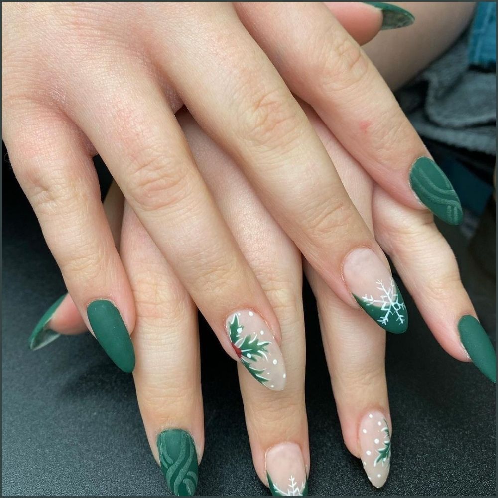 Close up of hands with Christmas Green Nails having  Matte Green Christmas Nails