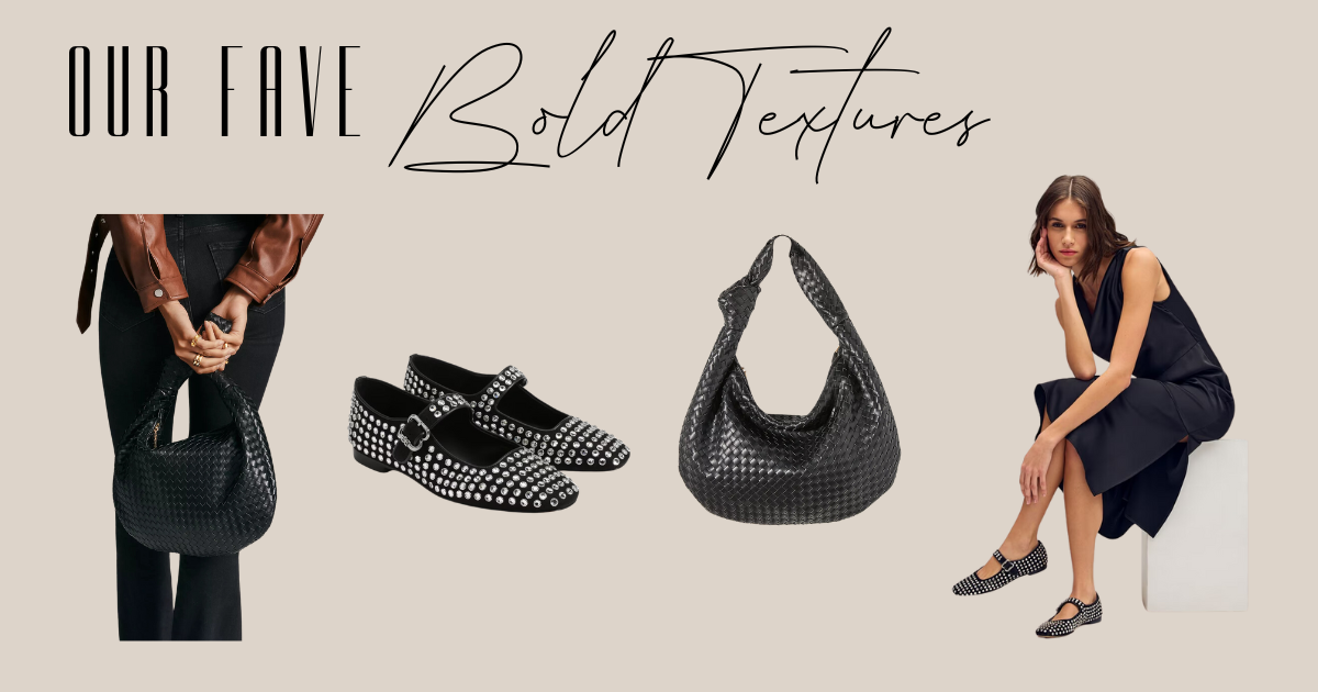 Bold textures in fashion: studded ballet flats and woven textured black purse