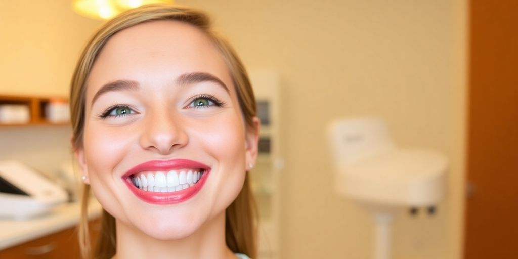 Person smiling with clear Invisalign aligners in dental office.