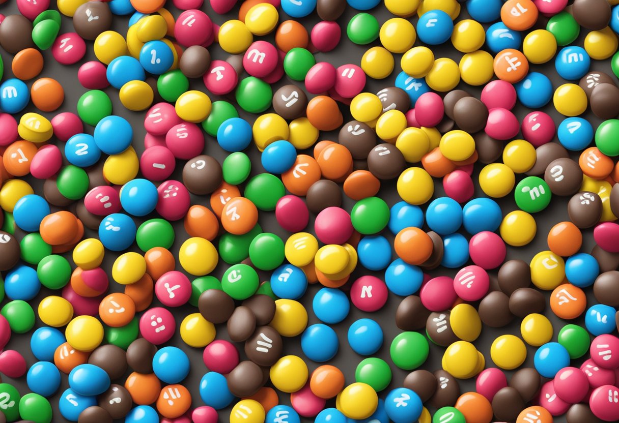 A colorful pile of custom M&M candies with a price tag, surrounded by curious customers and a customer service representative