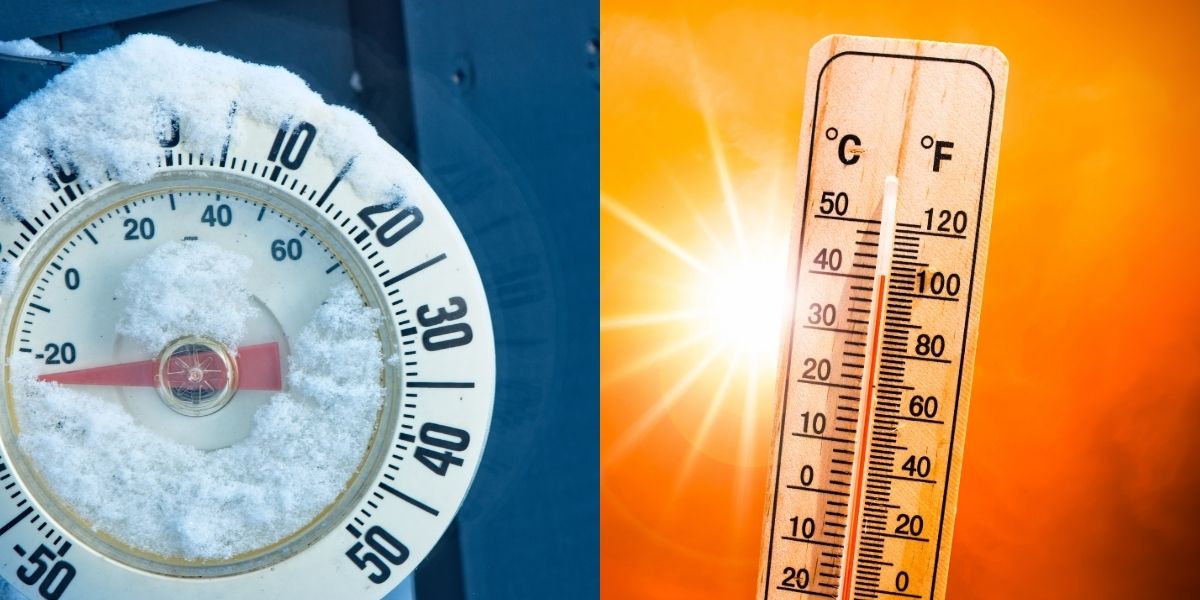 Picture representing extreme weather, one side covered in ice and a low temp reading and the other side the hot sun and a high temp on the thermometer