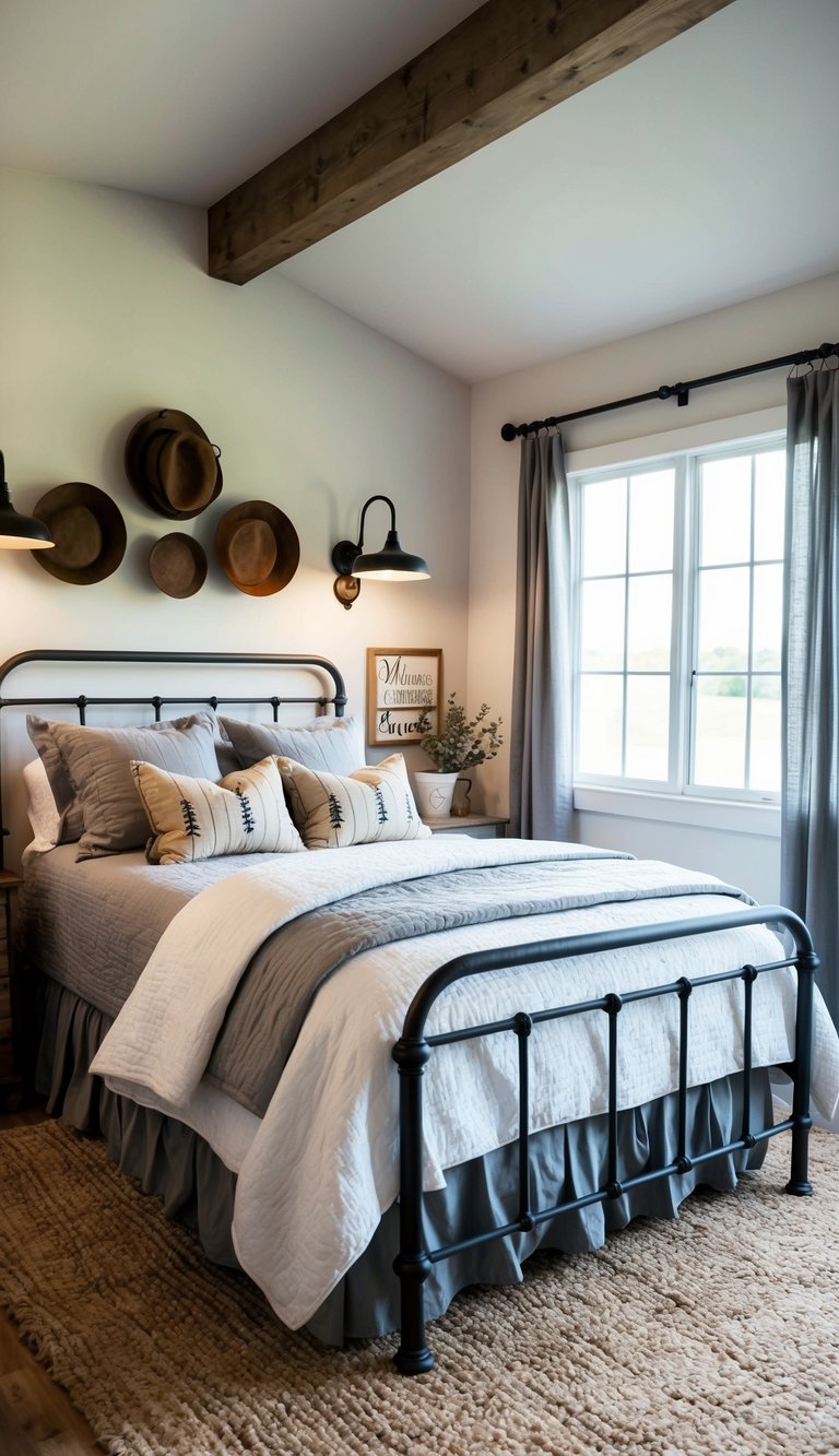 A cozy farmhouse bedroom with galvanized metal decor, including a bed frame, wall art, and lighting fixtures. Rustic and charming