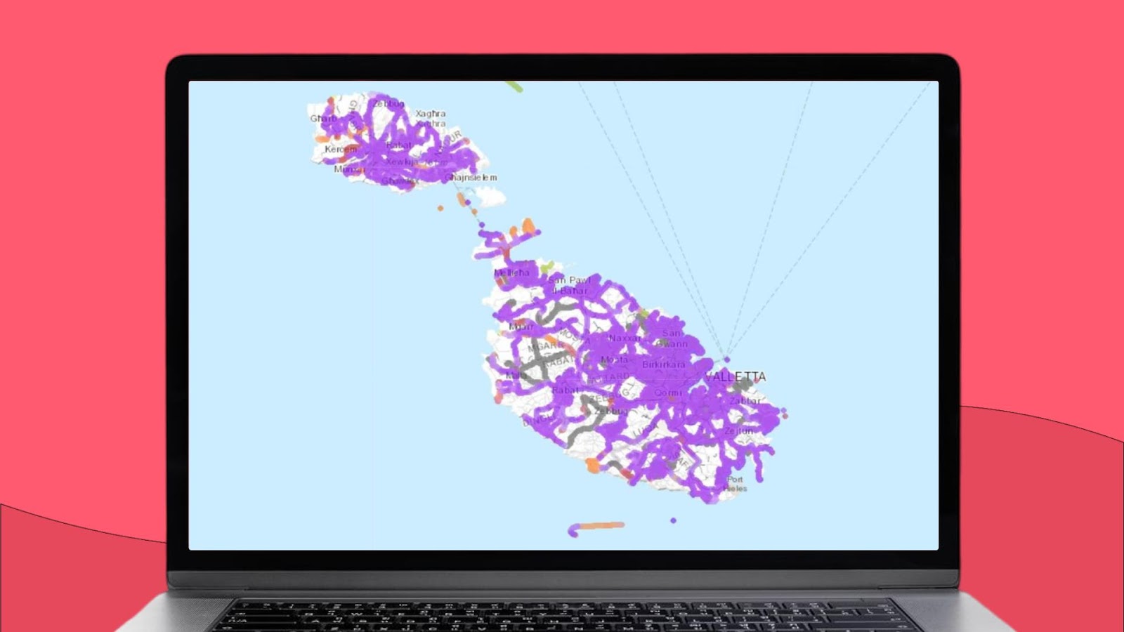 Mapa Malty z zaznaczonym obszarem zasięgu sieci komórkowej Melita