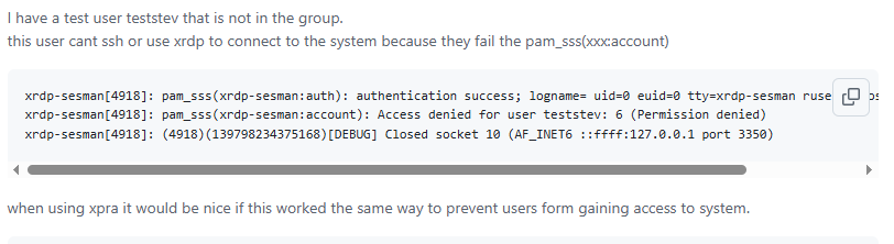 Screenshot of Github issue on Xpra where a user's discuss a pam_sss authentication failure.