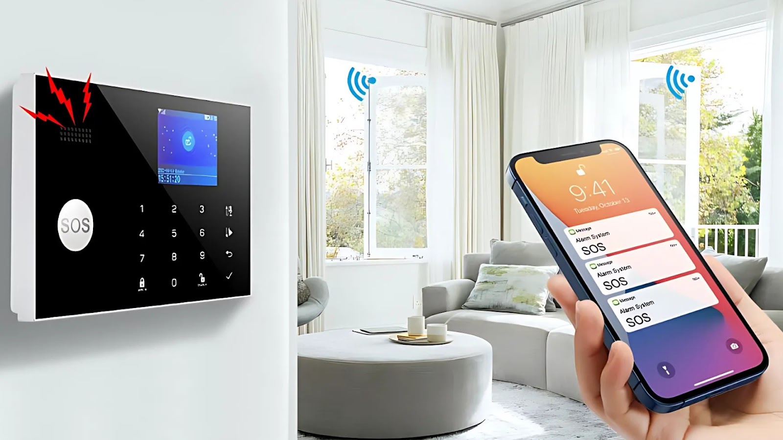A smartphone showing an SOS alert from the house alarm system installed.