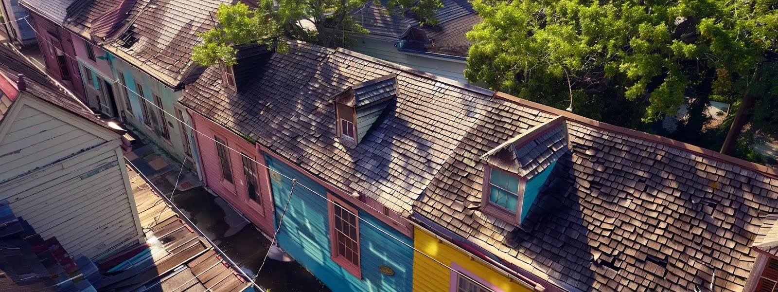 A vibrant shot capturing the colorful, weathered shingle roofs of historic homes in new orleans.