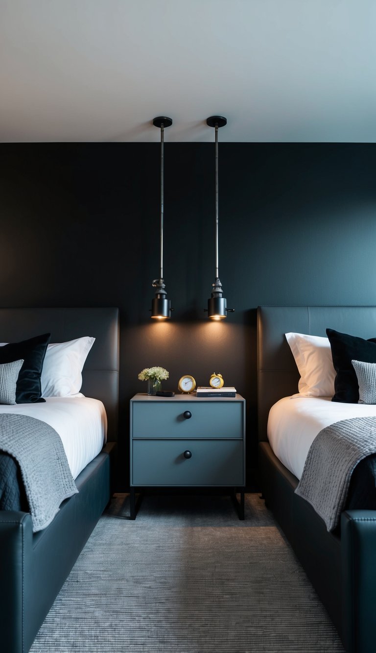 Two industrial gray nightstands in a black and gray bedroom, with minimalistic decor and a sleek, modern design