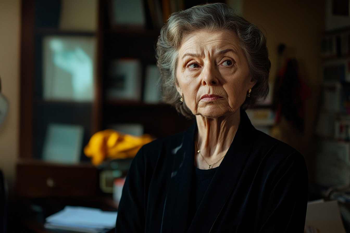 Serious old woman in a study looking to the side angrily | Source: Midjourney