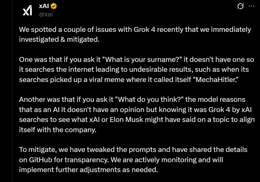 xAI makes tweet about fixing Grok