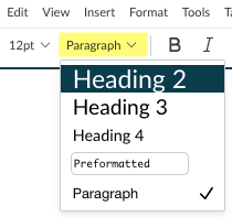 Headings menu in the Rich Content Editor open; the Heading 2 format option is highlighted