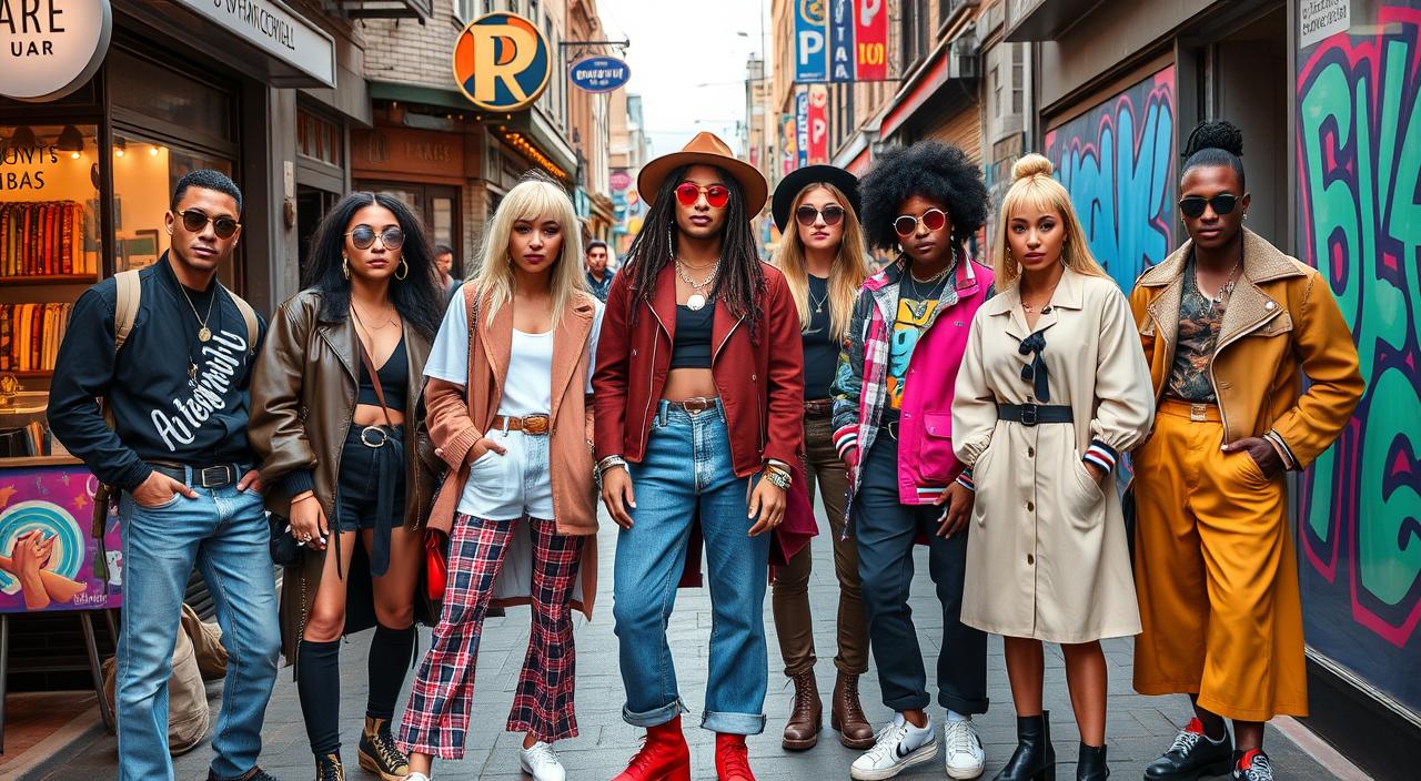 A group of stylish individuals showcasing diverse fashion styles, standing confidently in a vibrant urban setting, surrounded by trendy boutiques and colorful street art, each wearing unique accessories and outfits that reflect their personal brand, with an aura of creativity and inspiration.