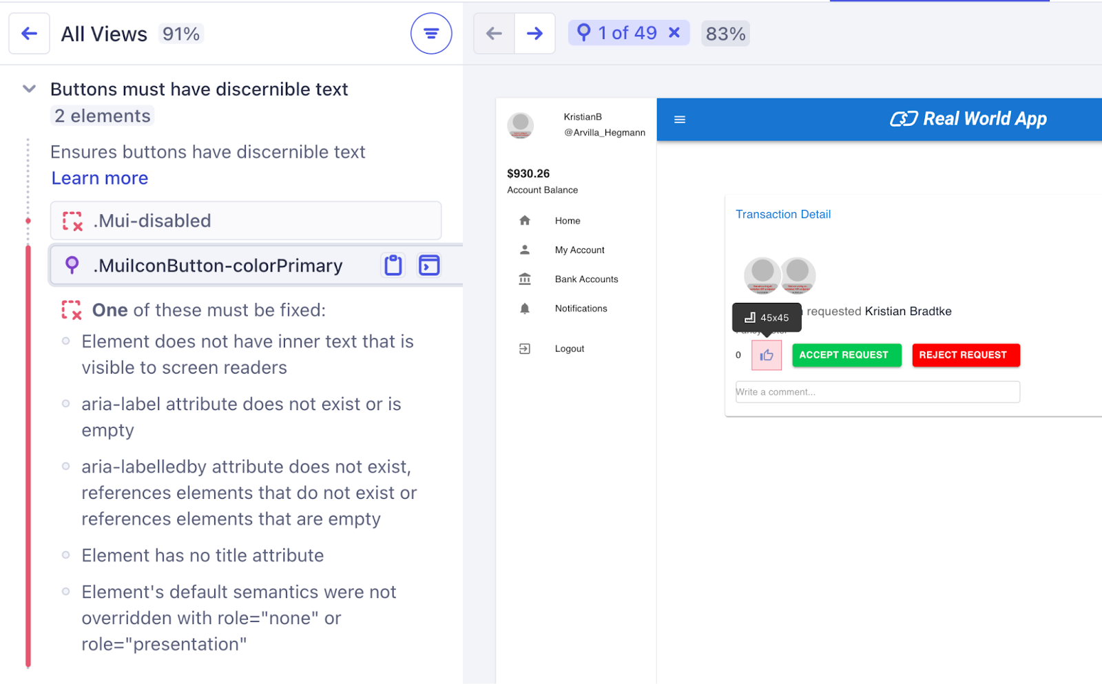 The Cypress Accessibilty UI displays an accessibility violation on the left hand side, and the corresponding example of a thumbs-up button with no discernable text.