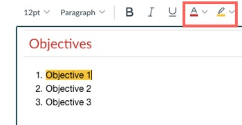 Text color and highlight color icons in the rich content editor; text in the rich content editor with a yellow highlight applied