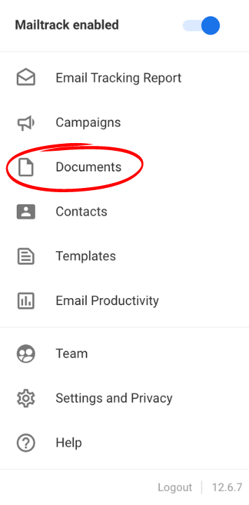 Documents option on the left menu bar in the dashboard