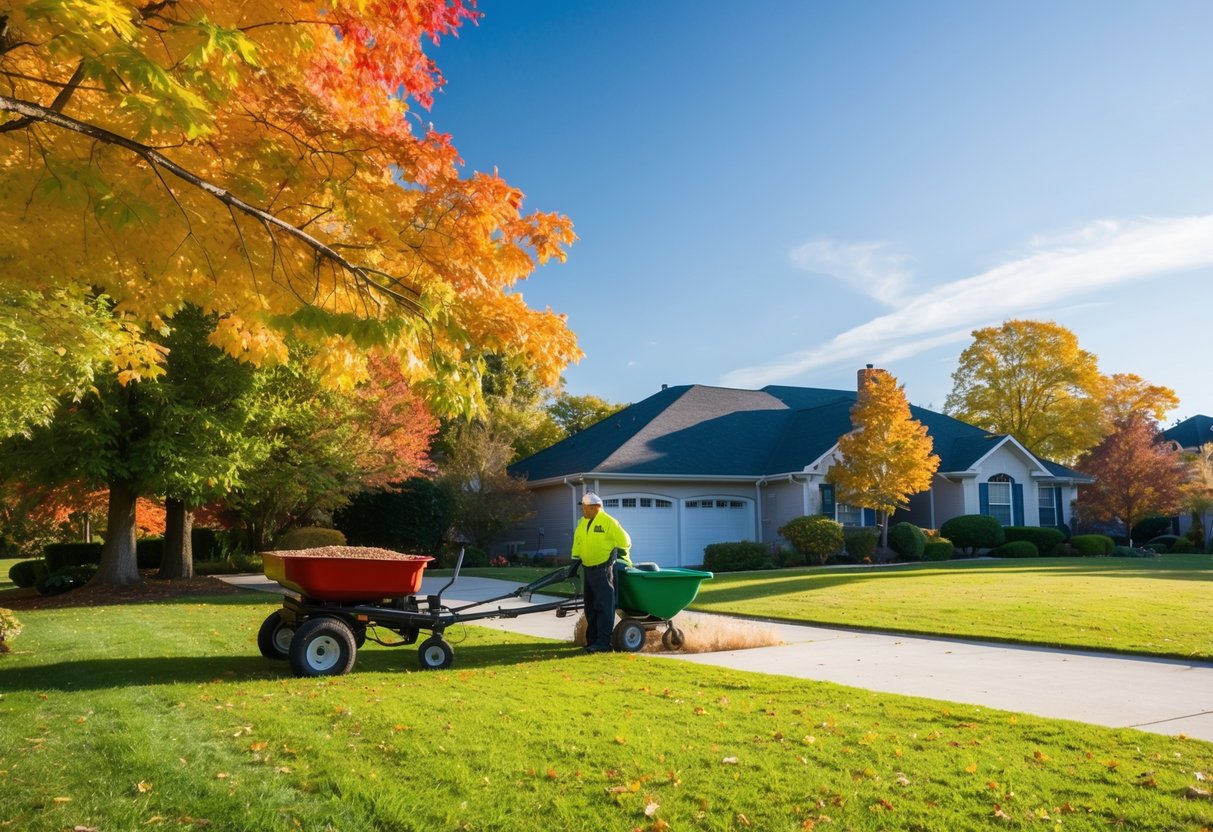 A suburban lawn with colorful autumn foliage, a spreader applying fertilizer, and a clear blue sky overhead