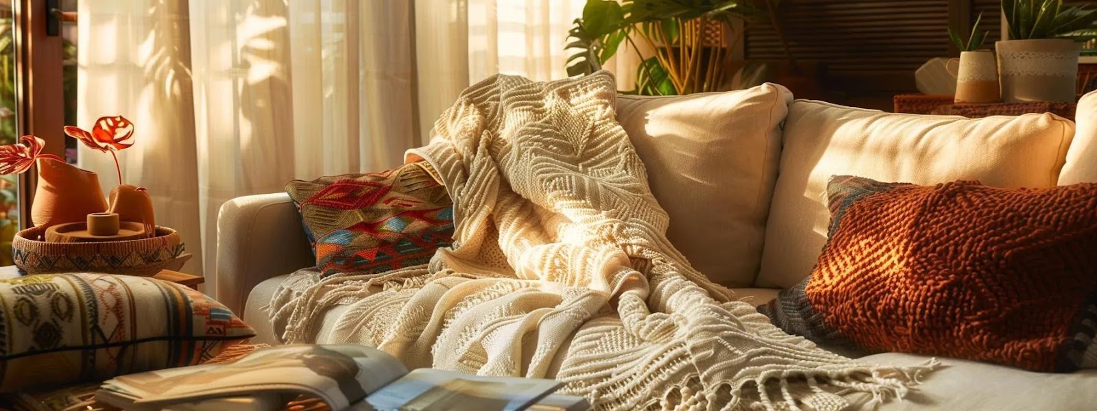 a cozy, elegantly styled living room showcases a handwoven cotton throw blanket draped over a plush sofa, surrounded by softly lit ambient decor that highlights the vibrant colors and intricate patterns of the fabric, emphasizing care practices for maintaining its artisan quality.