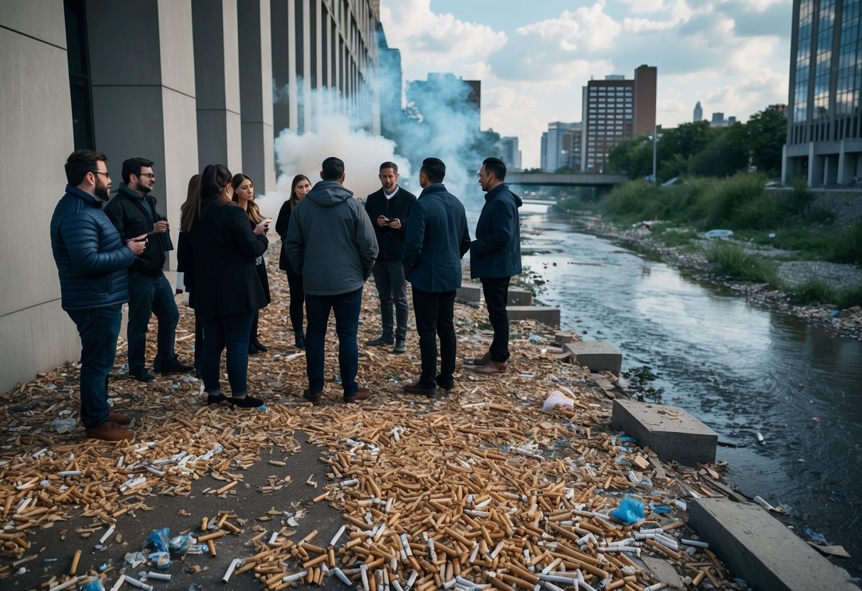 A group of people gather outside a building, surrounded by littered cigarette butts and vape clouds. Nearby, a polluted river flows through a neglected urban environment