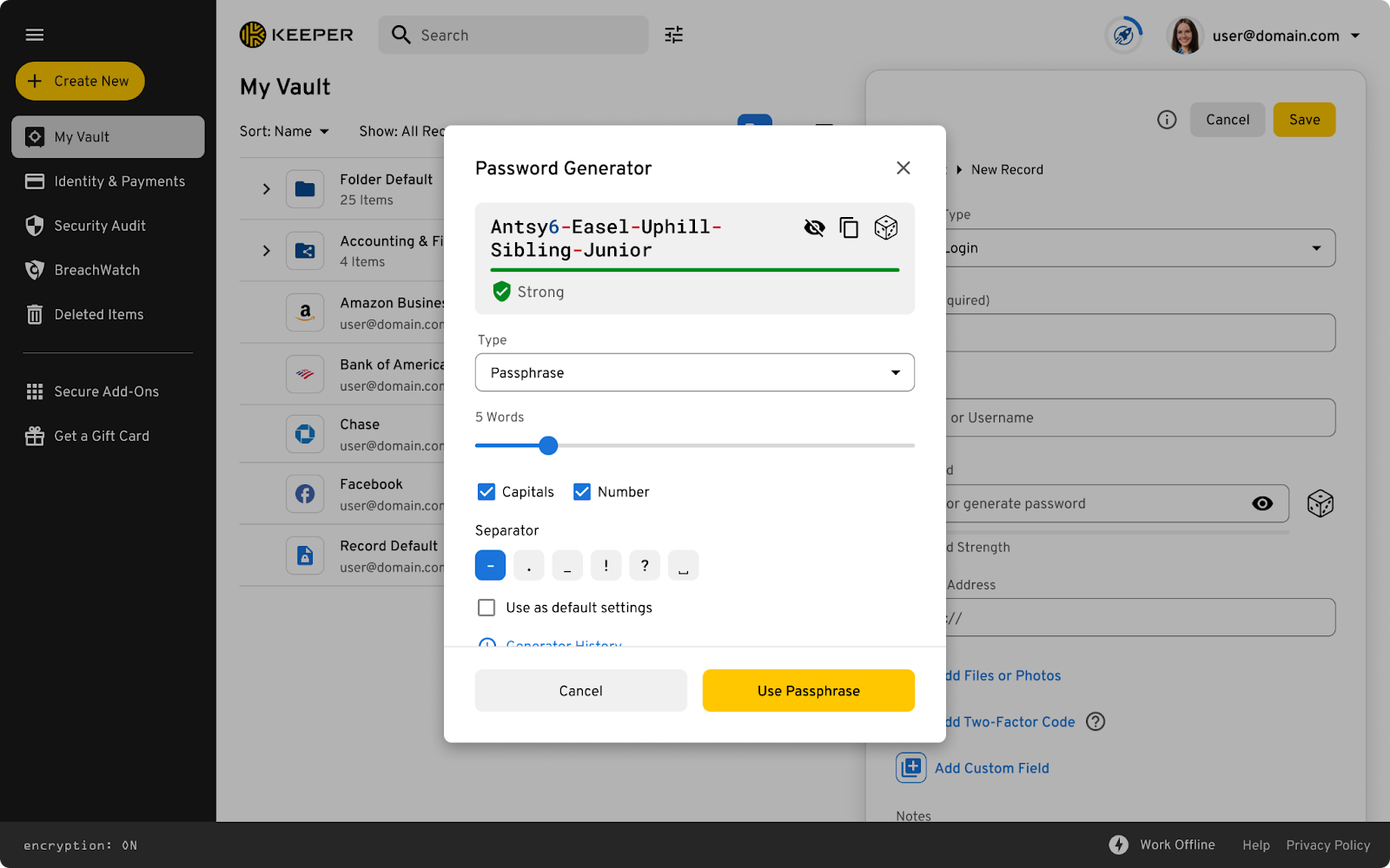 Screenshot che mostra il generatore di password personalizzabile di Keeper all'interno della Keeper Vault
