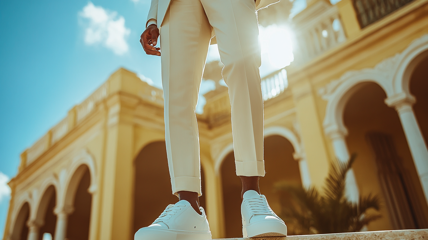 A man in a sharp white suit paired with crisp white sneakers, exuding a relaxed yet stylish vibe. This casual combination is perfect for day events or a laid-back wedding, offering a modern twist on classic formal wear. The groom or guest stands in a bright outdoor setting, with sunlight reflecting off the white suit and sneakers, creating an effortlessly cool, fresh look. The simplicity of the white sneakers complements the sleekness of the suit, making it an ideal choice for a casual but stylish celebration.