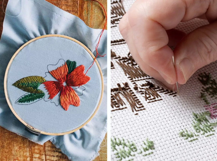 Split-screen showing needlepoint vs embroidery: one side with freestyle embroidery on fabric, the other with structured needle point stitch on canvas