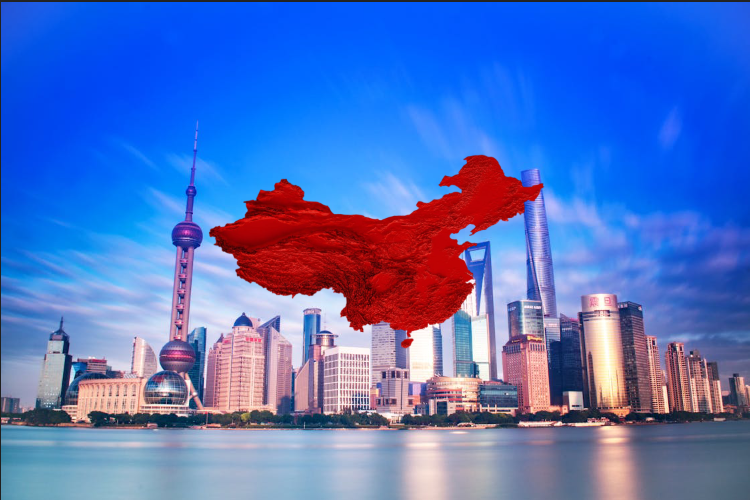 Shanghai skyline with a red map of China prominently displayed in the center.